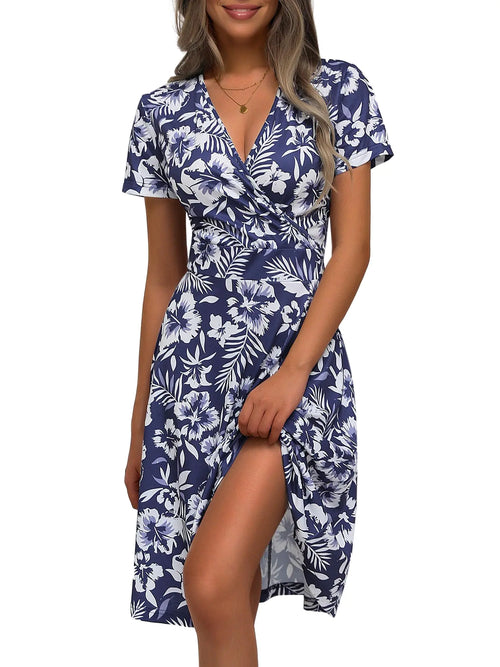Beach Dresses for Women 2025 Vacation V Neck Wrap Dress Short Sleeve Casual Summer Dresses 2025(Floral-103Medium)